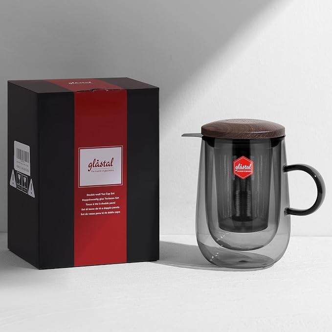 Tea Infuser Mug 14.5oz Glass Tea Cup with Removable Stainless Steel Infuser and Lid, Double-walled Black Glass Tea Cup Teacup for Loose Leaf Tea, Birthday for Parents Dad Mum Friends Office