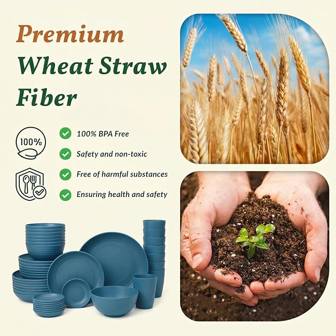 Wheat Straw Dinnerware Sets for 8, 40 Pcs Unbreakable Plates and Bowls Sets, Microwave Dishwasher Safe Dish Set, Reusable Plastic Dishes for Kitchen, Camping, Deep Plates for Salad (Blue)