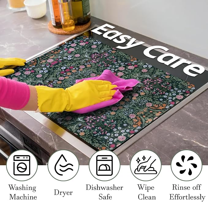 Boho Glass Stove Top Cover for Electric Stoves,Botanical Floral Dark Green Farmhouse Stove Top Cover for Kitchen Decor,Heat Resistant Cooktop Protector Mat,Non-Slip Washable Dish Drying Mat 28"x20"