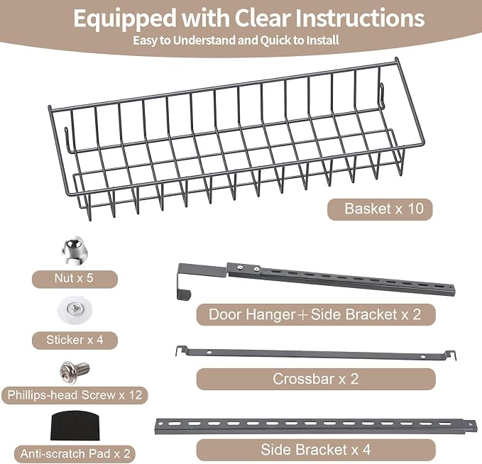 ElegantArray 10-Tier Pantry Door Organizer, Deep Gray | Over The Door Pantry Organizer Rack and Storage, Hanging Spice Rack Shelves Door, Home Office Laundry Room Bathroom & Kitchen
