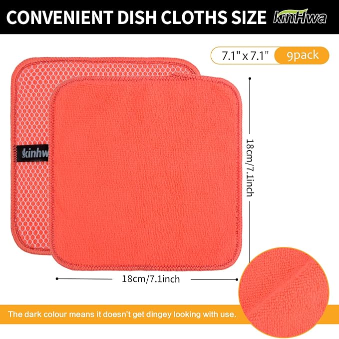Dish Cloths for Washing Dishes with Scrub Side, Microfiber Dish Rags | Dual-sided microfiber dish cloths with scrubber for stuck-on food, quick dry kitchen washcloths 9 Pack, 7" x 7 Inch Red