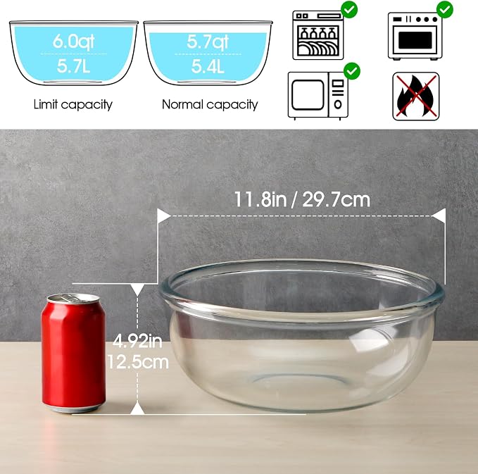 NUTRIUPS 6 QT Large Glass Mixing Bowl, Clear Big Salad Bowl for Kitchen | 6 QT Large Capacity,Borosilicate Glass Big Bowl for Sourdough Oven & Microwave Safe,Easy to Clean ﻿