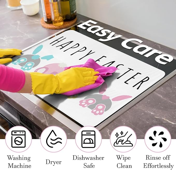 Happy Easter Glass Stove Top Covers for Electric Stove,Bunnies Colorful Rabbits Cute Heat Resistant Cooktop Protector Non-Slip Washable Dish Drying Mat Rug Pad for Kitchen Decor 28"x20"