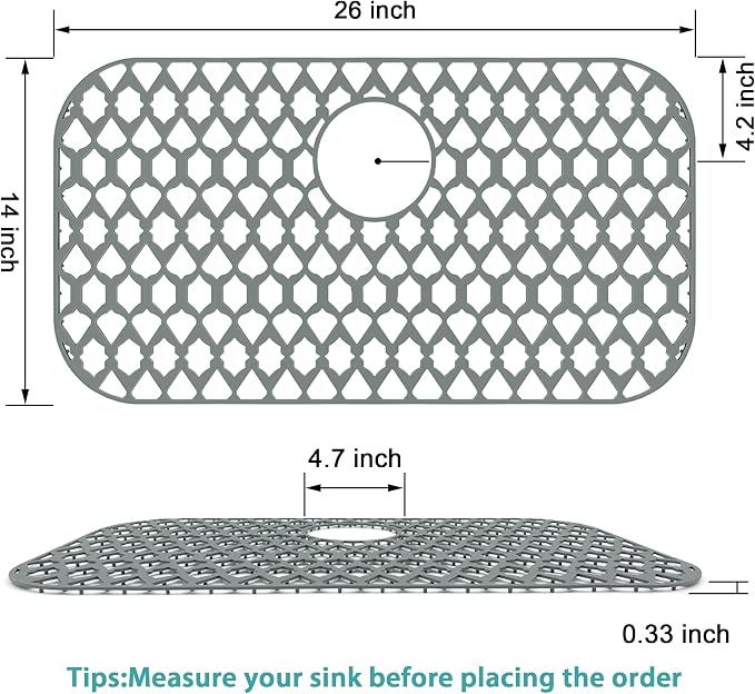 Silicone Kitchen Sink Protectors Mats - 12" 13" 14" 16" 18" 19" 21" 22" 24" 25" 26" 28" 30", Heat Resistant, Machine-wash (26”x14”, Rear Drain)