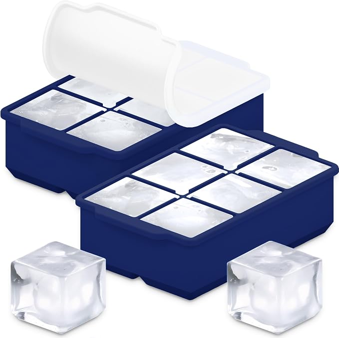 KitchFort® Large Silicone Ice Cube Tray (2-Pack) - 2" Big Ice Mold with Lid | Easy Release, Cocktail, Whiskey Ice Cubes Mold - Food Grade - Ice Cube Trays for Freezer - Stackable Silicone Ice Tray