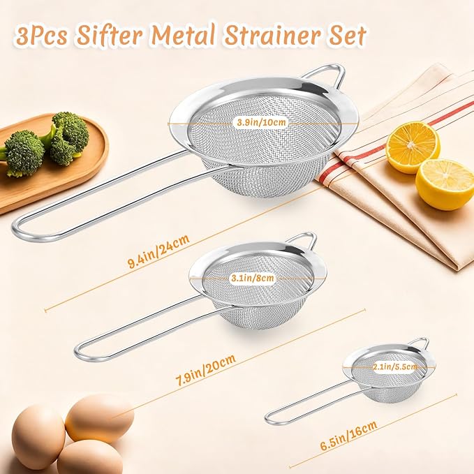 3Pcs Fine Mesh Strainer with Handle, Small Sifter Strainers Set, Stainless Steel Sieve Colander for Kitchen Baking Juice Quinoa Food Flour