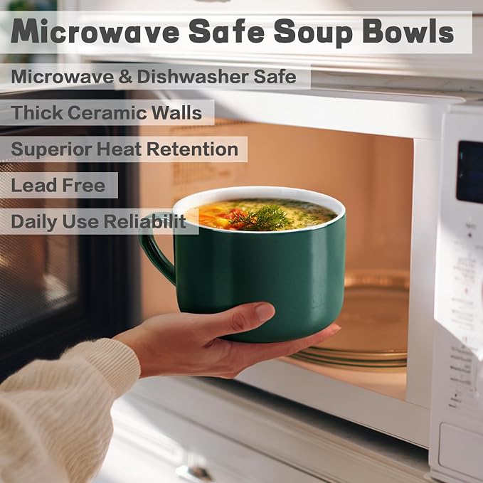 Soup Bowls with Handles & Spoons, 30oz Ceramic Ramen Bowl with Lid, Large Soup Mugs/Cups for Instant Noodle, Big Cereal Bowls for Oatmeal, Soup Containers with Lids, Set of 2, Dark Green