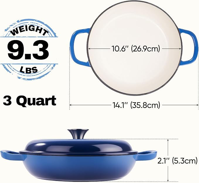 3 Quart Enameled Cast Iron Braiser, Non Stick Enameled Cast Iron Skillet with Lid, Dutch Oven Skillet with lid up to 500°F for Oven, Stove, Grill, Shallow Dutch Oven for Cook, Bake (Blue)