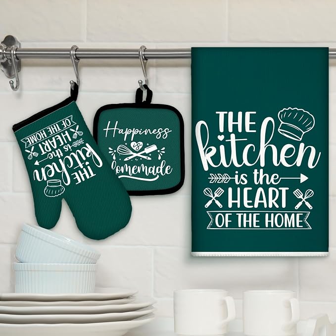 Sratte 6 Pcs Kitchen Decor Accessories Set, Kitchen, Dark Green | Farmhouse Kitchen Towels Pot Holders Oven Mitts Set 2 Dish Towels 2 Potholders 2 Cooking Mittens for Baking Cooking Supply