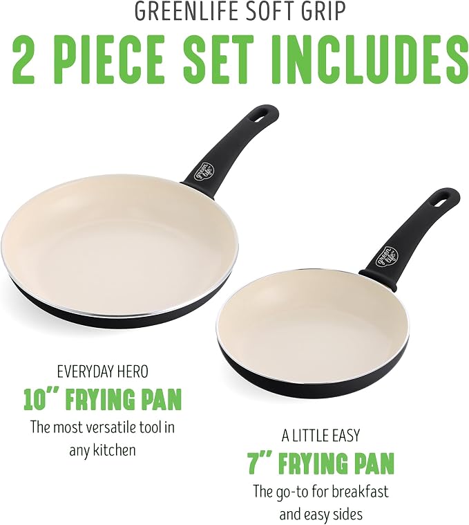 GreenLife 2 Piece (7” & 10”) Ceramic Nonstick Frying Pan Set, Black & Cream | PFAS-Free Nonstick Coating, Family Skillet Set, Egg Pan, Omelet Pan, Stay-Cool Handles, Dishwasher & Oven Safe up to 350F