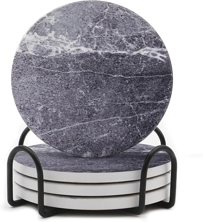 LIFVER Drinks Coasters Set of 4, Living Room Decor, Ceramic Absorbent Coasters with Cork Base, Protect Wooden Table or Furniture from Scratched, Drink Coasters with Holder - Grey