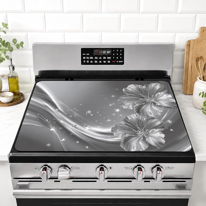 Silver Flower Stove Top Cover 28x20 Inch Decorative Glass Stove Cover | Heat Resistant Cooktop Protector Mat with Non-Slip Backing, Scratch Protection and Countertop Drying Mat.