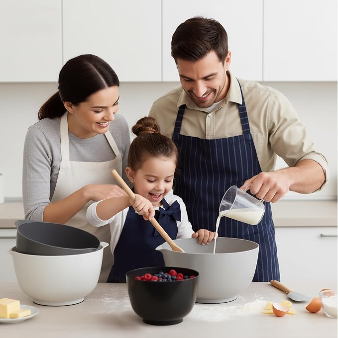 BoxedHome Classic Mixing Bowl Set of 4, BPA Free Plastic, Microwave Safe | 4.5, 3.5, 2.5 & 1.7 quarts,Non-slip Base Large Nesting Bowl with Pour Spout, Dishwasher Safe, for Prep, Cooking,Grey
