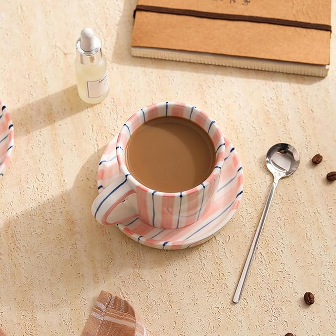 Hand-Painted Ceramic Coffee Mug and Saucer Set, 8 oz Artisan Striped Porcelain Espresso Cup, Decorative Tea Cup with Large Handle for Home, Office,Pink
