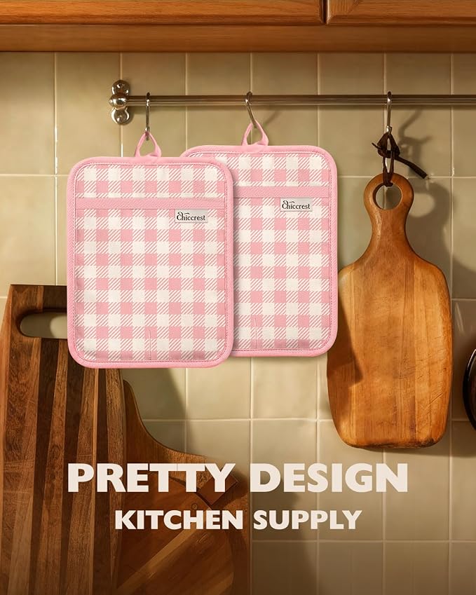 100% Thick Cotton Pot Holders Ribbed Soft Silicone Pink Gingham | Stylish Pot Holders with Pockets, Ribbed Soft Silicone, Machine Washable Non-Slip Heat Resistant Hot Pads 2pcs, Kitchen Gift