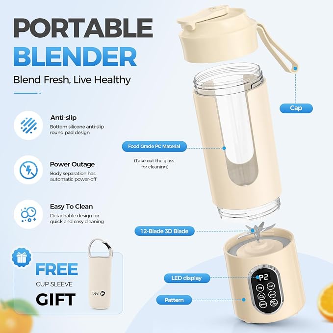 Beyn 530mL Portable Blender, Personal Smoothie Maker, USB-C Cordless, 12 Stainless Steel Blades, Leakproof Travel Cup, Digital One-Touch Self-Clean for Gym Home Office, (Yellow)