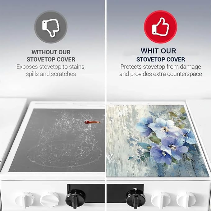 HOMETITUTE Blue Blossom Stove Top Cover 28x20 Elegant Floral Diatomite Mat
