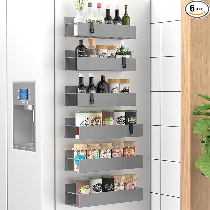 Metal Magnetic Spice Rack for Refrigerator Gray, 6 Pack | Magnetic Shelves Heavy Duty for Fridge in Kitchen, Seasoning Storage Organizer, For Oven Washer and Dryer, For Heavier Items
