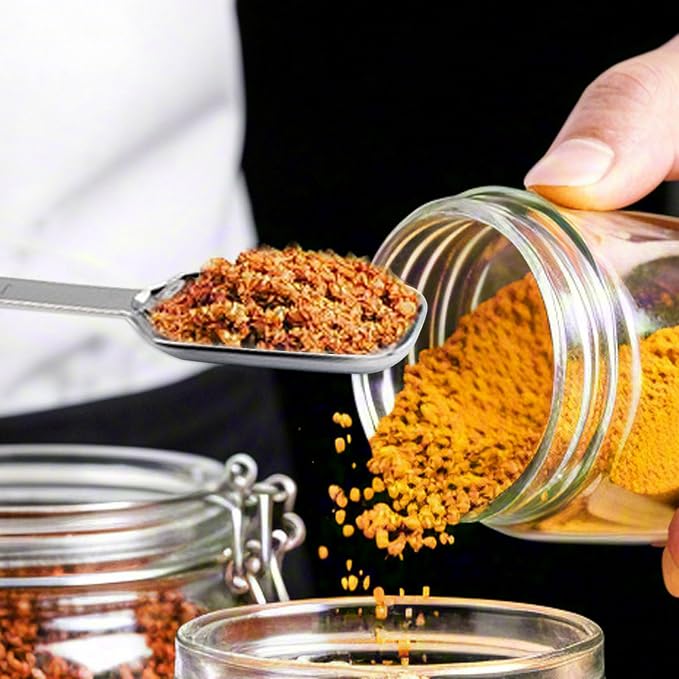 Stainless Steel Teaspoon Measuring Spoons Set of 7 with Leveler | Long Handle Rectangular Metal Teaspoon Tablespoon for Measuring Kitchen Spice, Dry & Liquid Ingredients