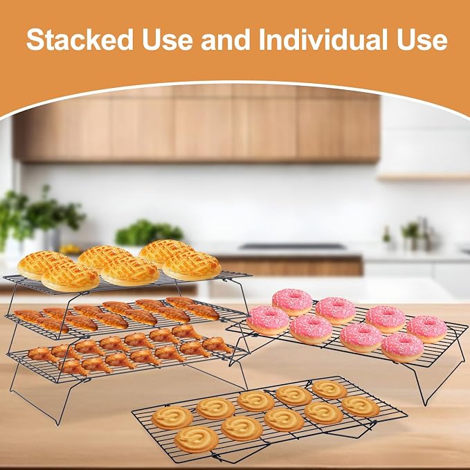 Cooling Rack for Cooking Baking 3 Tiers, 16" x 10" Wire Rack, Black | Thick Wire Rack, Oven & Dishwasher Safe, for Roasting, Grilling, Drying, Fits Half Sheet Pan
