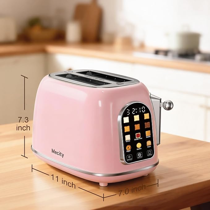 Mecity Toaster 2 Slice, Touch Screen Wide Slot Retro Toaster For Breads Bagel Muffin Waffle, House Warming Gift New Home, 120V 825W, Pink Color