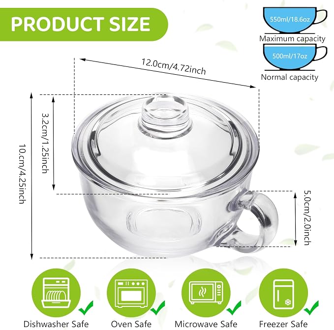 Clear Soup Bowls with Handle and Glass Lid Microwave Round Bowls Glass Cereal Cup Mug Mixing Bowl Insulated Oatmeal Bowl for Breakfast Rice Salad Fruit Yogurt,1 Pack