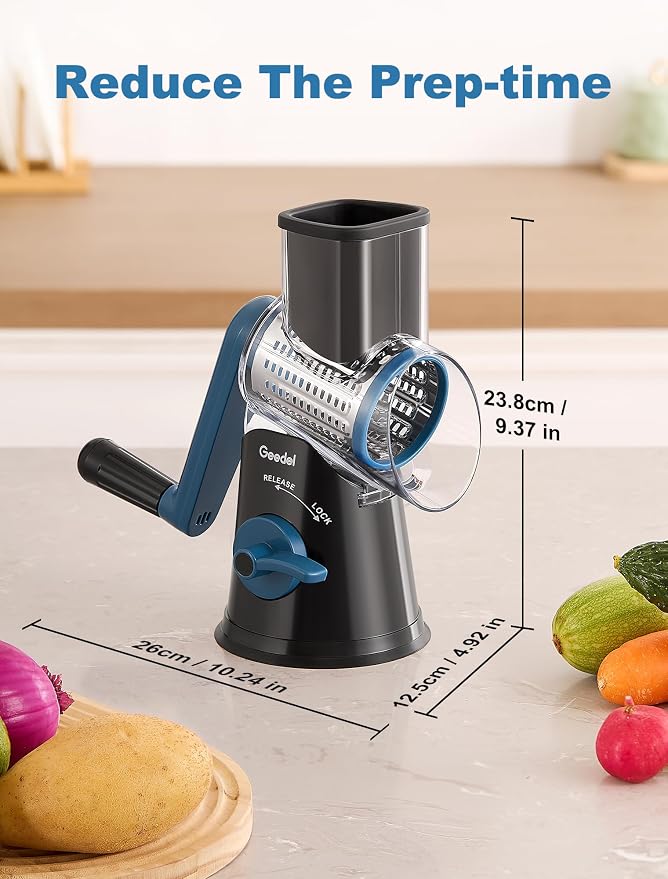 Geedel Rotary Cheese Grater Hand Crank, Cheese Shredder Vegetable Slicer | 5 Blades, 430 Stainless Steel, 12x Fast Cutting, Strong Suction Base, No BPA, Dishwasher Safe, for Cheese, Veggie, Nut