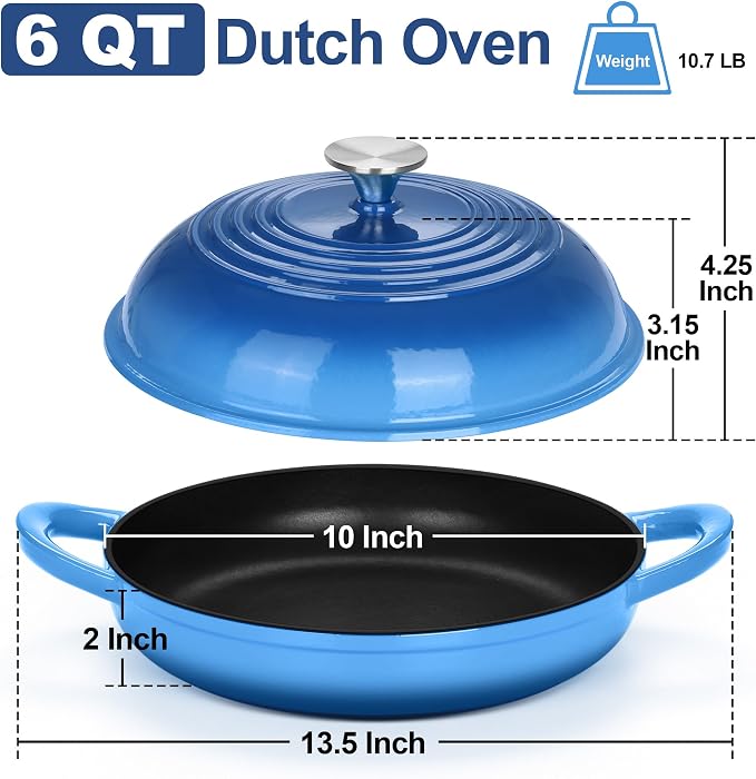 TeamFar Cast Iron Bread Dutch Oven, 6 Qt Enameled Dutch Oven Pot | for Sourdough Bread Baking, with Tall Dome Lid & Round Base Pan, Self-Basting & Even-Heating, Heavy-Duty & Non-stick, Blue