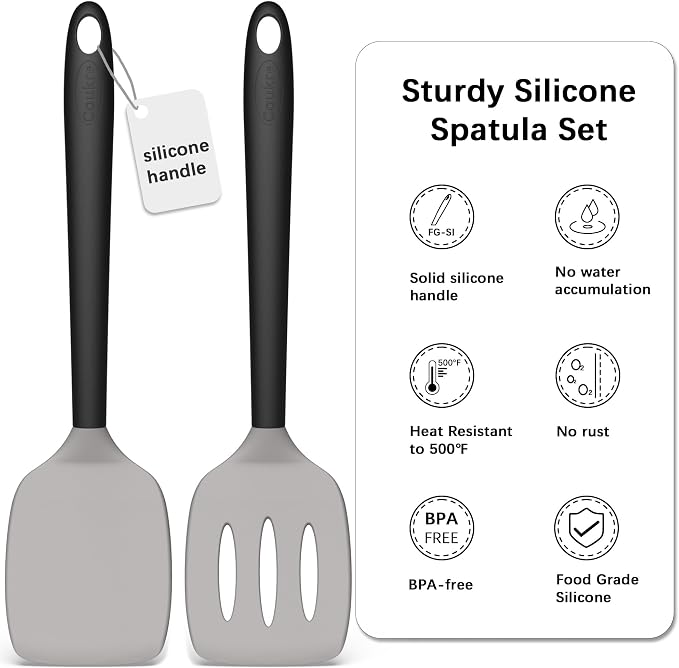 Coukre 2 Pack Silicone Spatula Set,High Heat Resistant, BPA-Free | Dishwasher Safe Kitchen Spatula for Nonstick Pans, Solid & Slotted Turners for Cooking, Sautéing, and Flipping, GrayBlack