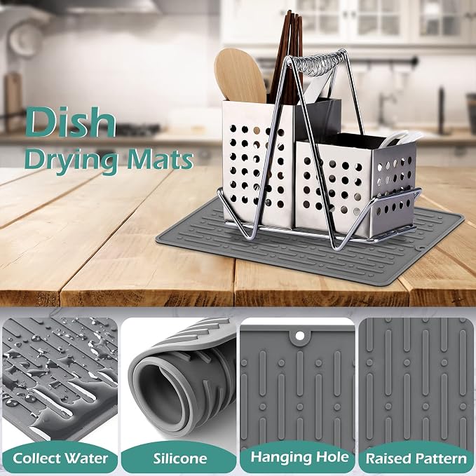 Dish Drying Mats, Heat-resistant Silicone Mat for Kitchen Counter, Non-Slip Dish Dry Mat Dishwasher Safe Small, Gray