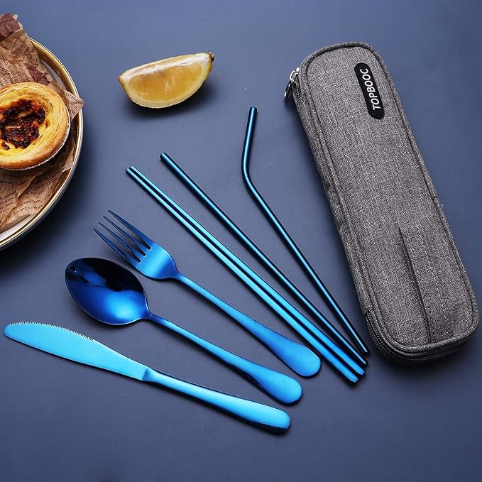 Portable Stainless Steel Flatware Set, Travel Camping Cutlery Set, Portable Utensil Travel Silverware Dinnerware Set with a Waterproof Case (Blue)