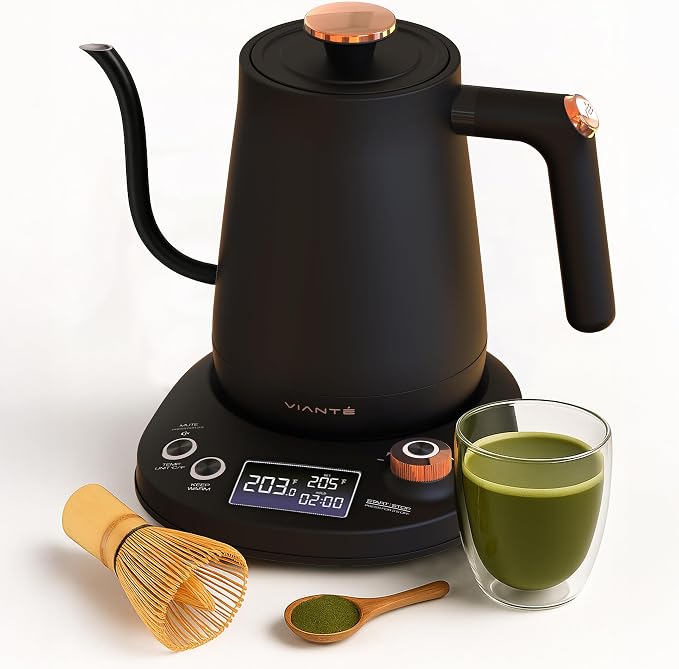 Viante Electric Gooseneck Kettle 0.8L, Pour Over Coffee & Tea, Temp Control | Boil-dry protection, keep-warm function, BPA-free stainless steel body. Includes #2 coffee filters