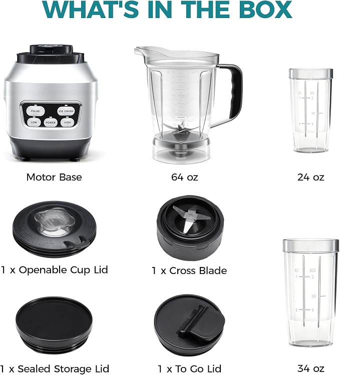 DUMOS Smoothie Blender for Kitchen, Personal Blender for Smoothies | 6 Blades, 24 34 60 oz BPA-Free Cups, Portable Easy Clean, Ice Crush Shakes Sauces, Silver