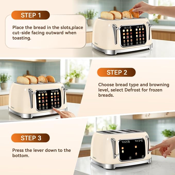 RONGBEST Retro 4 Slice Touch Screen Toaster with Stainless Steel Wide Slot, Reheat & Defrost Bagel for Family Breakfast Bread, 6 Browning Levels, Removable Crumb Tray, Cream Color
