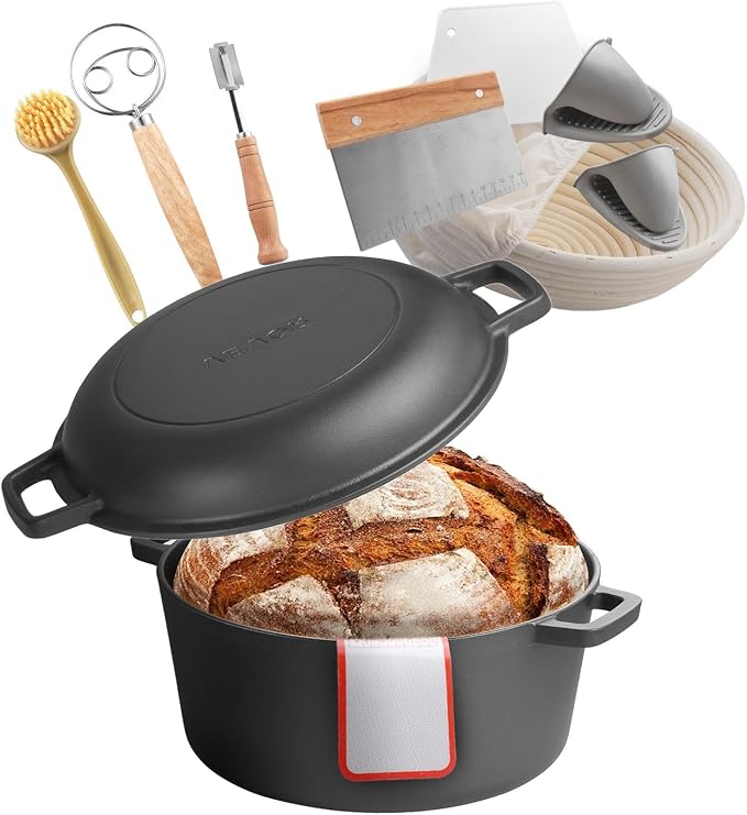 VEVOR Cast Iron Dutch Oven, 2-in-1 Pre-Seasoned Pot with Skillet Lid, 5QT Cookware Pan with Proofing Basket, Bread Baking Accessories, Bread-Oven Compatible 500℉