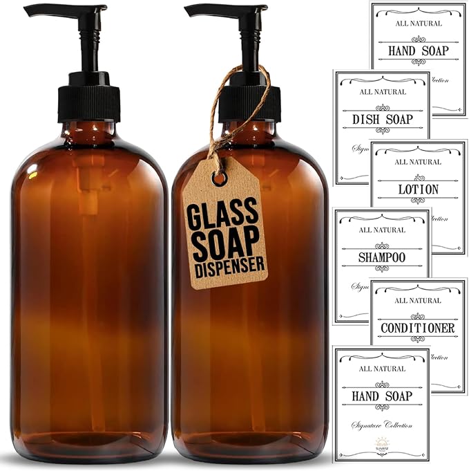 Amber Glass Soap Dispenser with Pump, 16 oz | Amber Glass, Soap Dispenser Pump Hand and Dish,Bathroom and Kitchen Sink use ,6 waterproof (Pack of 2)