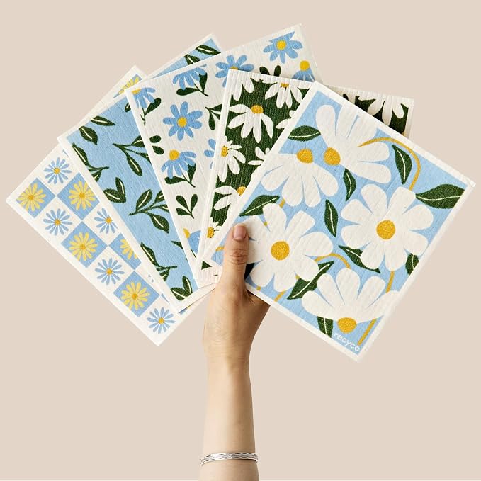RECYCO Swedish Dishcloths for Kitchen | 5 Pack Daisy Dreams Washable Dish Rags | Cellulose Reusable Cleaning Paper Towels | Absorbent Counter Dish Cloth Sponge Kitchen Wipes, 8" L x 7" W