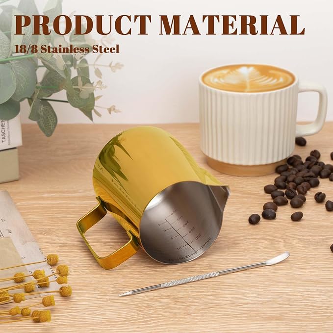 Amrules Milk Frothing Pitcher 12oz Frother Cup Barista Tools, Gold | 18/8 Stainless Steel, 12oz Capacity with Clear Scale, with Decorating Pen, Ergonomic Handle, for Cappuccino, Latte & Espresso
