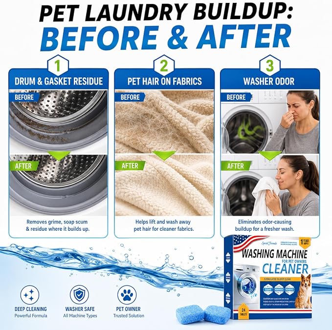 Enzyme Washing Machine Cleaner Tablets for Pet Owners, Deep Clean | Throughly Remove Wash Deodorizer Pet Odor & Hair Residue, for HE Front/Top Load Washers, 24 Count,1 Year Supply