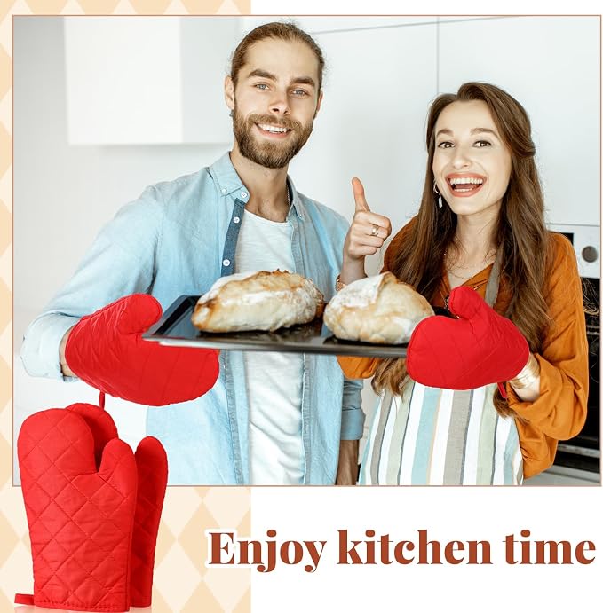 Geyoga 12 Pairs Oven Mitts Heat Resistant Kitchen Long Oven Gloves Mitts Thick Cotton Winter Quilted Baking Flexible Glove Bulk for Cooking BBQ Picnic Kitchen Grilling 10.6 Inch(Red)
