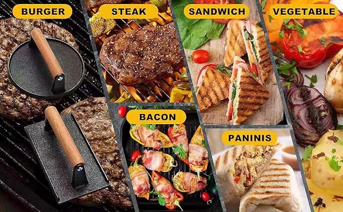 Kitchen Tools 5.7"Cast Iron Smashed Burger Press, 8“ bacon Grill Press Crispy Smash Burgers Burger Tool for Grill and Griddle BBQs and Tailgates Gifts for Men and BBQ Enthusiasts