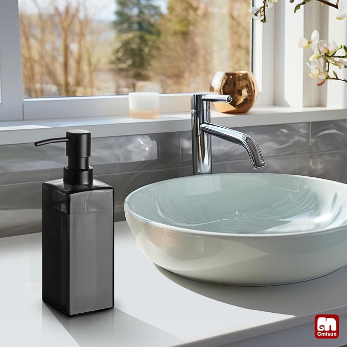 GMISUN Black Glass Soap Dispenser, Hand Soap Dispenser with Stainless Steel Pump for Bathroom, 12 fl oz/350ml Refillable Dish Dispensers for Kitchen, Modern Liquid Lotion Bottles for Countertop