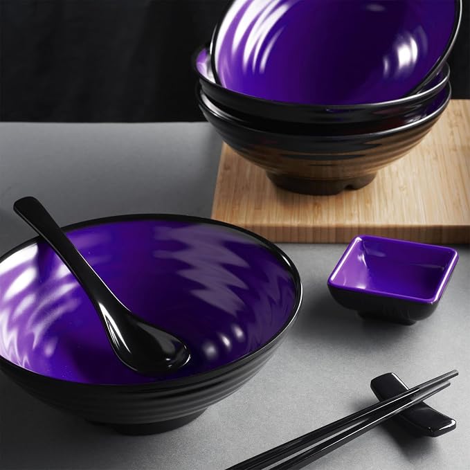 Unbreakable Ramen Bowl Set with Chopsticks and Spoon: 2 large Japanese Style Melamine Ramen Bowls (2 Bowl Set, Purple-Black)