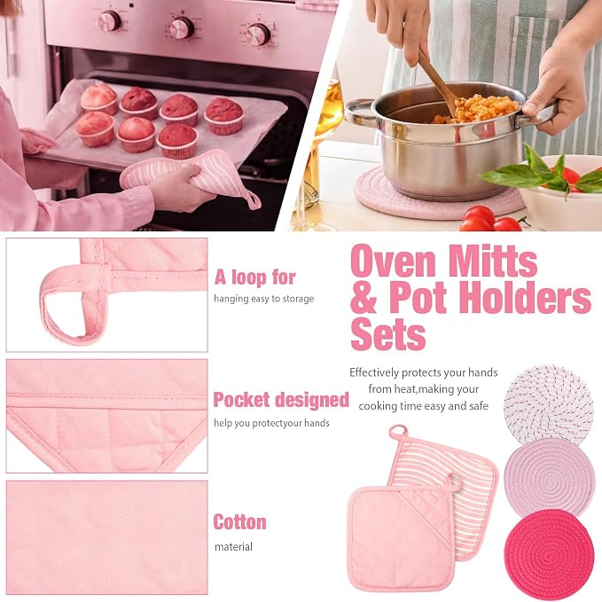 Pink Oven Mitts and Pot Holders 7 Sets, Pink White, Rubber Cotton, Stripes | Heat Resistant Kitchen Gloves, Pads Pot Holders for Women, Chritsmas Gifts Kitchen Accessories Gift