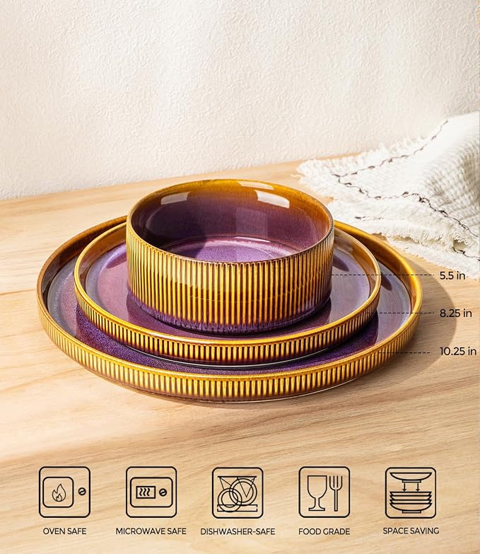 Ceramic Dinnerware Set for 6, 18-Piece Plates and Bowls Set | Lightweight Porcelain Dish Set, Scratch Resistant, Oven & Microwave & Dishwasher Safe, Amber Amethyst