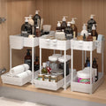 3-Pack 2-Tier Under Sink Organizers with Sliding Drawers | Multi-use kitchen & bathroom storage, 12.8 inch white cabinet organizer, space-saving sliding drawer design.