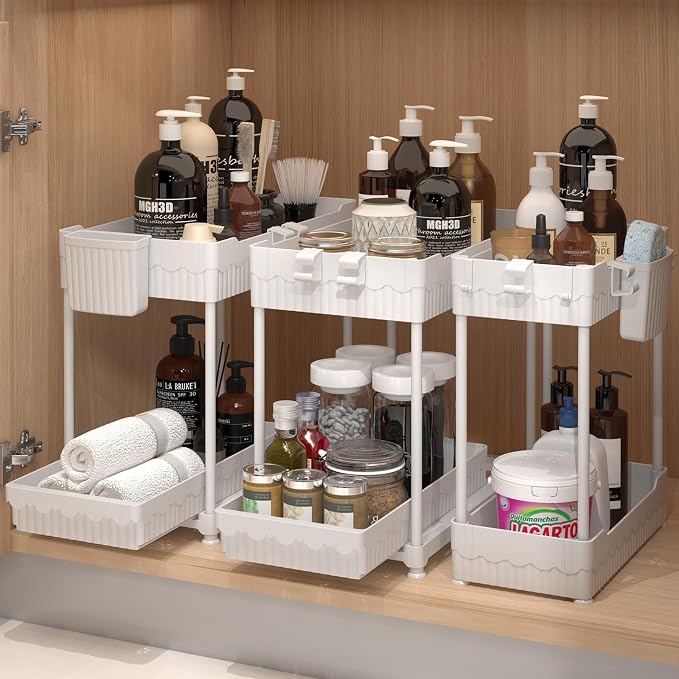 3-Pack 2-Tier Under Sink Organizers with Sliding Drawers | Multi-use kitchen & bathroom storage, 12.8 inch white cabinet organizer, space-saving sliding drawer design.