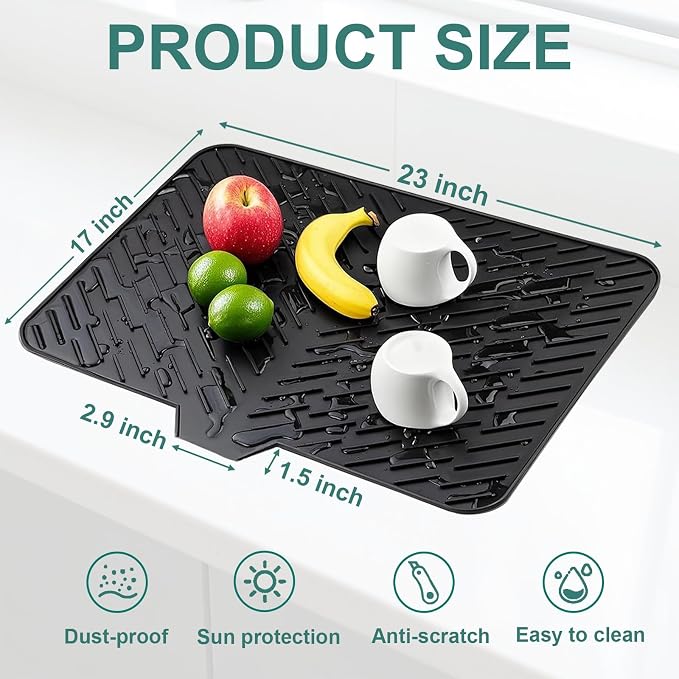 Silicone Dish Drying Mat for Kitchen Counter, 23" x 17" Black-1pcs | Heat Resistant & Non-Slip Dish Drain Pad with Built-In Drain, Quick-Dry, Hangable & Roll-Up for Storage，Multi-Functional Use