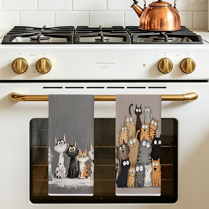 Jztco 2 Pcs Cute Cat Kitchen Towels, Cats Gifts Absorbent Hand Tea Towel