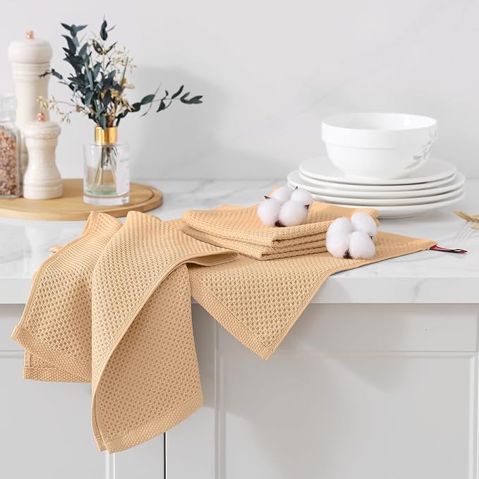 Kitinjoy 100% Cotton Waffle 6-Pack Kitchen Towels, 12" x 12", Apricot | Ultra Absorbent, Super Soft, lightweight, Quick Drying Dish Rags for Washing Dishes